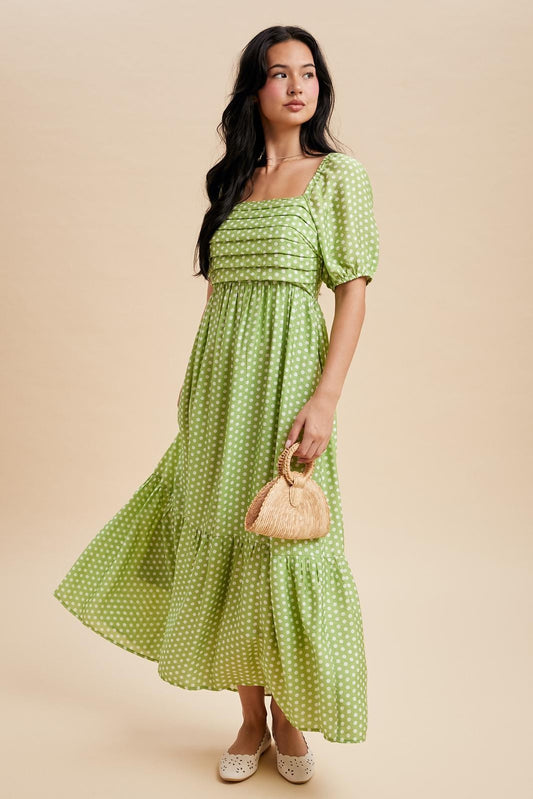 Pleated Polka Dot Maxi Dress