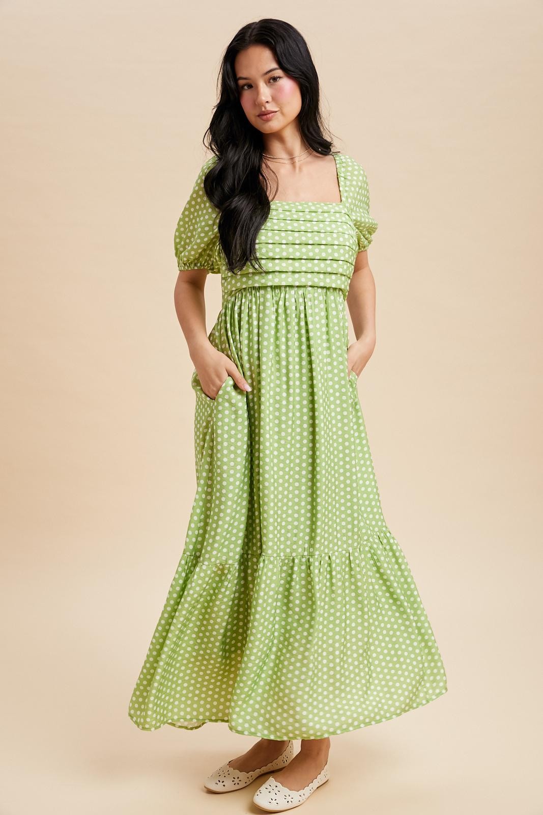 Pleated Polka Dot Maxi Dress