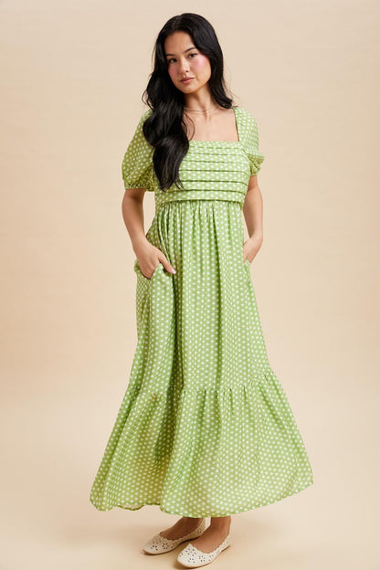 Pleated Polka Dot Maxi Dress